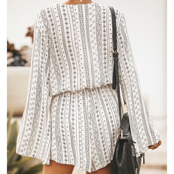 CLEARANCE Cross Front V Neck Long Sleeve Boho Romper - Picture 4 of 4